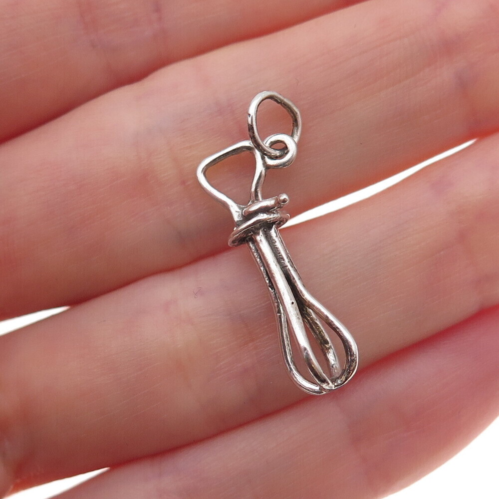 925 Sterling Silver Antique Art Deco Whisk Oxidized 3D Charm Pendant